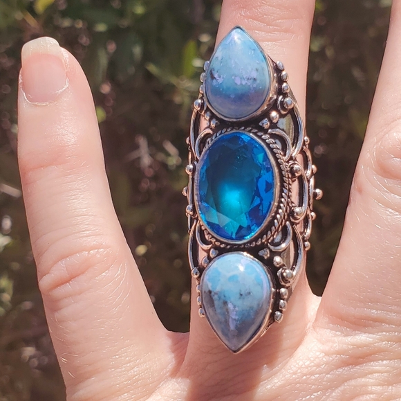 New Swiss Blue Topaz & Mosaic Jasper 925 Silver Statement Ring. - Picture 6 of 11